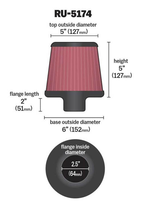 K&N Universal Rubber Filter-Round Tapered 2.5in Flange ID x 6in Base OD x 5in Top OD x 5in Height RU-5174