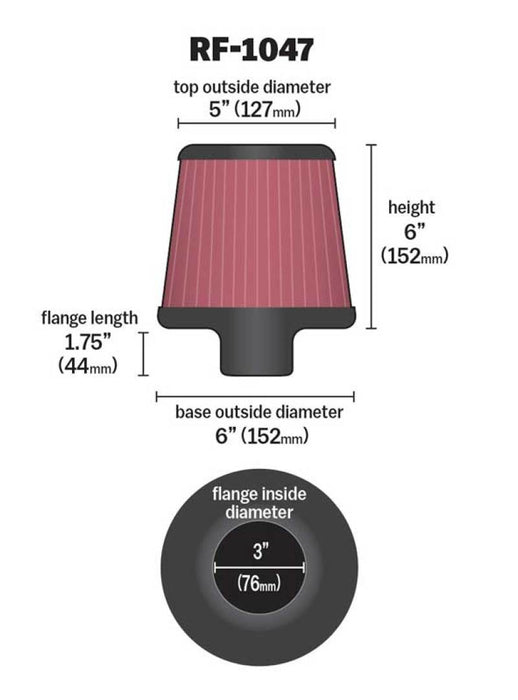 K&N Round Tapered Universal Air Filter 3 inch Flange 6 inch Base 5 inch Top 6 inch Height RF-1047
