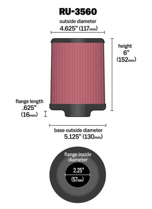 K&N Universal Rubber Filter 2-1/4in FLG x 5-1/8in Base x 4-5/8in Top x 6in Height RU-3560