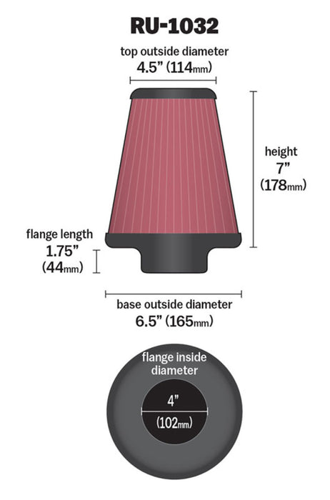 K&N Universal Clamp-On Air Filter 4in FLG / 6-1/2in B / 4-1/2in T / 7in H RU-1032