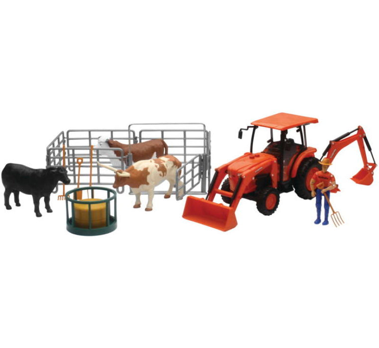 New Ray Toys Kubota Tractor with Figurine, Animals and Fence/ Scale 1:18 SS-33313