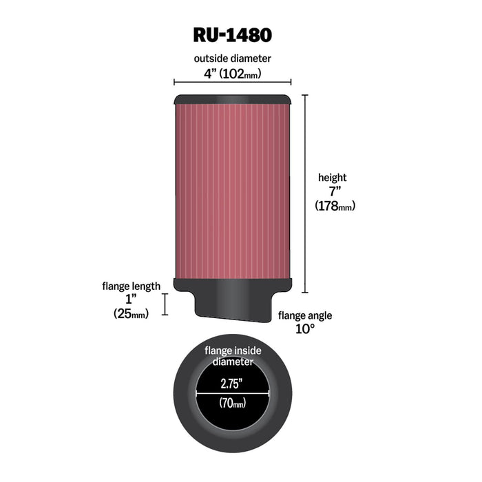 K&N Universal Clamp-On Air Intake Filter: High Performance, Premium, Washable, Replacement Air Filter: Flange Diameter: 2.75 In, Filter Height: 7 In, Flange Length: 1 In, Shape: Round, RU-1480, black