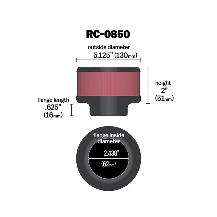 K&N Universal Clamp-On Air Intake Filter: High Performance, Premium, Washable, Replacement Air Filter: Flange Diameter: 2.4375 In, Filter Height: 2 In, Flange Length: 0.625 In, Shape: Round, RC-0850