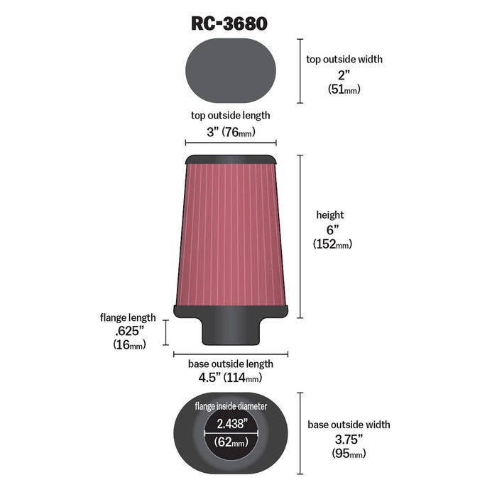 K&N Universal Clamp-On Air Intake Filter: High Performance, Premium, Replacement Air Filter: Flange Diameter: 2.4375 In, Filter Height: 6 In, Flange Length: 0.625 In, Shape: Oval Straight, RC-3680