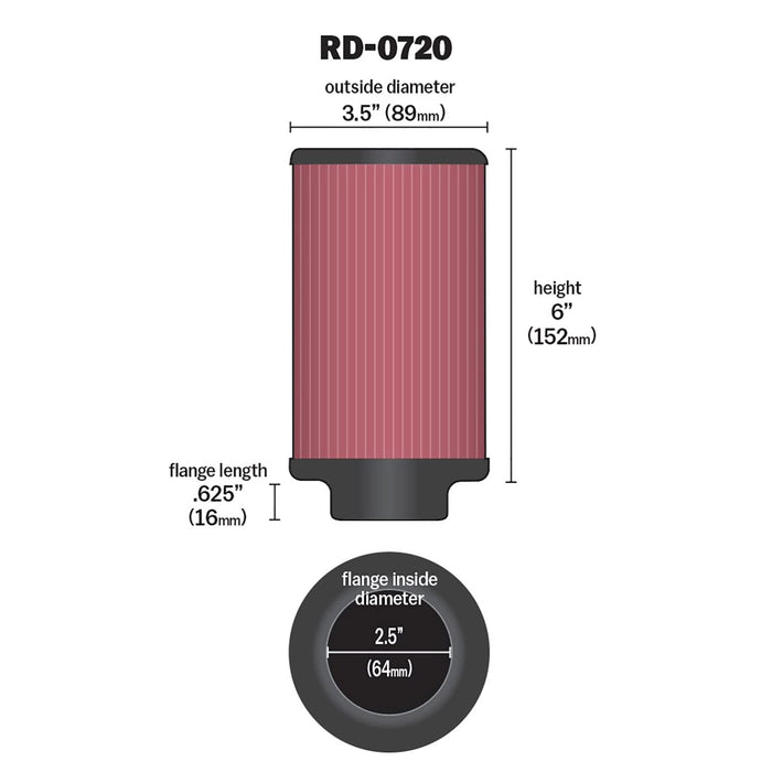 K&N Universal Clamp-On Air Intake Filter: High Performance, Premium, Washable, Replacement Air Filter: Flange Diameter: 2.5 In, Filter Height: 6 In, Flange Length: 0.625 In, Shape: Round, RD-0720