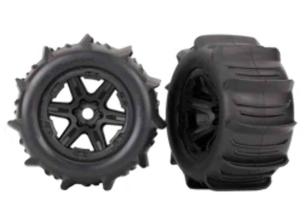 Traxxas 8674 Tires & Wheels Assembled glued (Black 3.8' Wheels Paddle Tires Foam Inserts) (2) (TSM Rated)