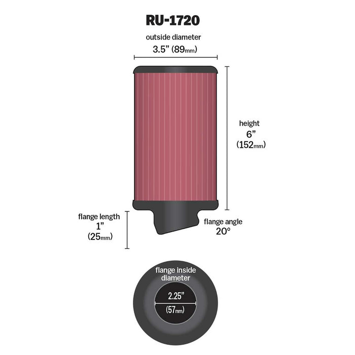 K&N Universal Clamp-On Air Intake Filter: High Performance, Premium, Washable, Replacement Air Filter: Flange Diameter: 2.25 In, Filter Height: 6 In, Flange Length: 1 In, Shape: Round, RU-1720