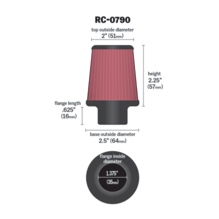 K&N Universal Clamp-On Air Intake Filter: High Performance, Premium, Replacement Air Filter: Flange Diameter: 1.375 In, Filter Height: 2.25 In, Flange L: 0.625 In, Shape: Round Tapered, RC-0790, black