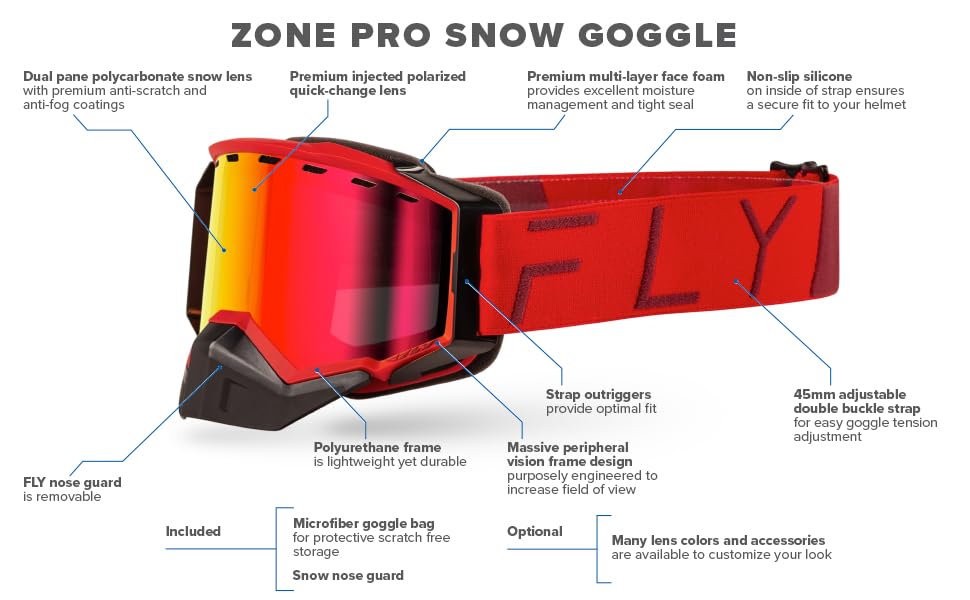 Fly Racing 2023 Zone Pro Snow Goggle (Black/White W/Blue Mirror/Polarized Smoke Lens, Adult)