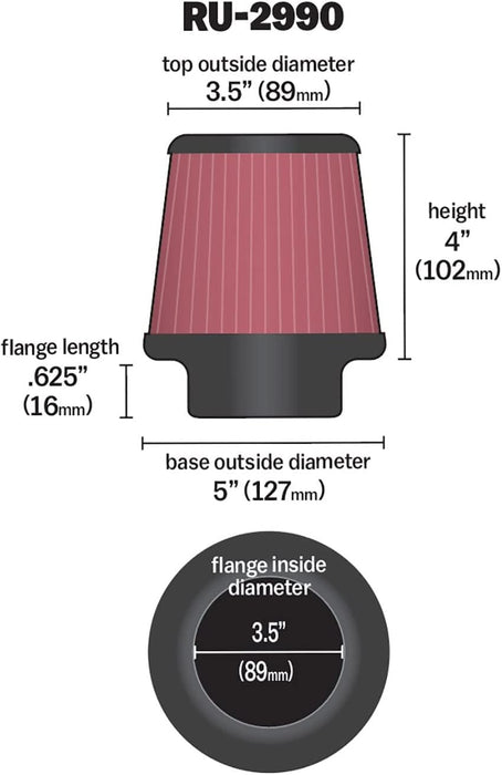 K&N Universal Clamp-On Air Intake Filter: High Performance, Premium Washable Replacement Filter: Flange Diameter: 3.5 In, Filter Height: 4 In, Flange L: 0.625 In, Shape: Round Tapered, RU-2990, Black