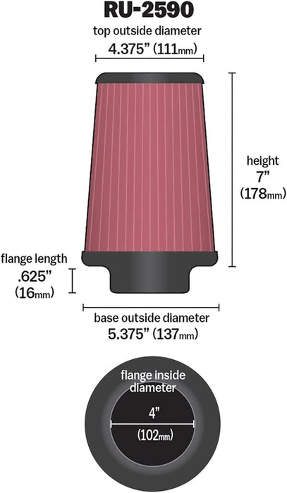 K&N Universal Clamp-On Air Filter: High Performance, Premium, Washable, Replacement Filter: Flange Diameter: 4 In, Filter Height: 7 In, Flange Length: 0.625 In, Shape: Round Tapered, RU-2590