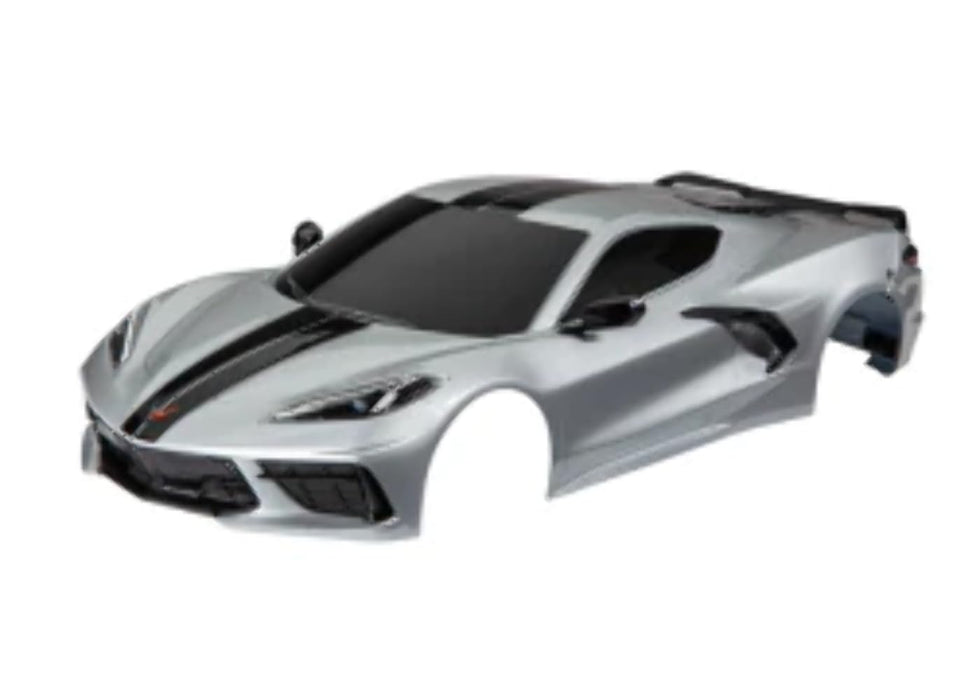 Traxxas 9311T Body Chevrolet Corvette Stingray Complete (Silver) (Painted Decals Applied) (Includes Side Mirrors Spoiler grilles Vents & Clipless mounting)