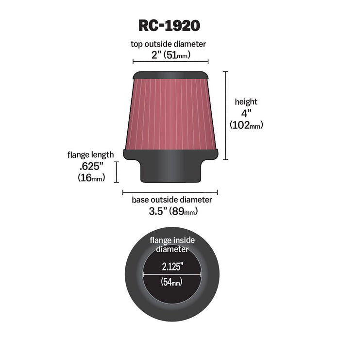 K&N Universal Clamp-On Air Intake Filter: High Performance, Premium Washable, Replacement Filter: Flange Diameter: 2.125 In, Filter Height: 4 In, Flange Length: 0.625 In, Shape: Round Tapered, RC-1920