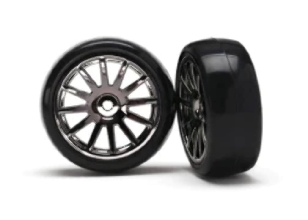 Slick Tires and 12-Spoke Black Chrome Wheels Mounted (2): LaTrax Rally