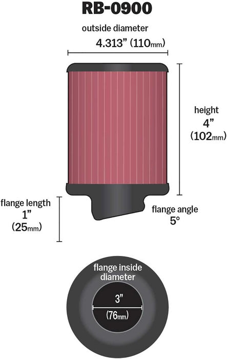 K&N Universal Clamp-On Air Intake Filter: High Performance, Premium, Washable, Replacement Air Filter: Flange Diameter: 3 In, Filter Height: 4 In, Flange Length: 1 In, Shape: Round, RB-0900, Black