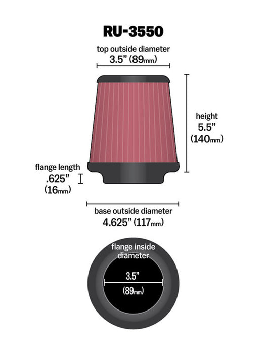 K&N Universal Rubber Filter 3 1/2 inch FLG / 4 5/8 inch Base / 3-1/2 inch Top / 5 1/2 inch Height RU-3550