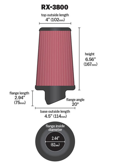 K&N Filter Universal X Stream Clamp-On 2.438in Flange ID x 4.5in Base OD x 4in Top OD x 6.563in H RX-3800