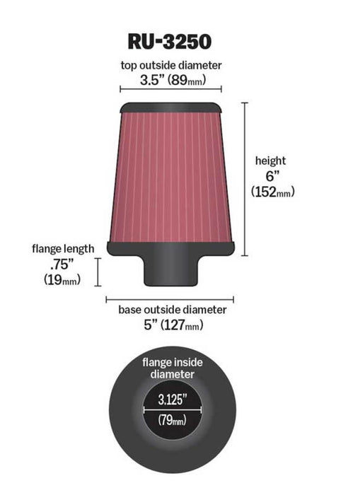 K&N Universal Tapered Filter 3.125in Flange ID x 5in Base OD x 3.5in Top OD x 6in Height RU-3250