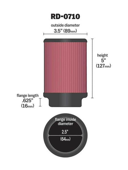 K&N Universal Rubber Filter 2.5in Flange ID x 3.5in OD x 5in Height RD-0710