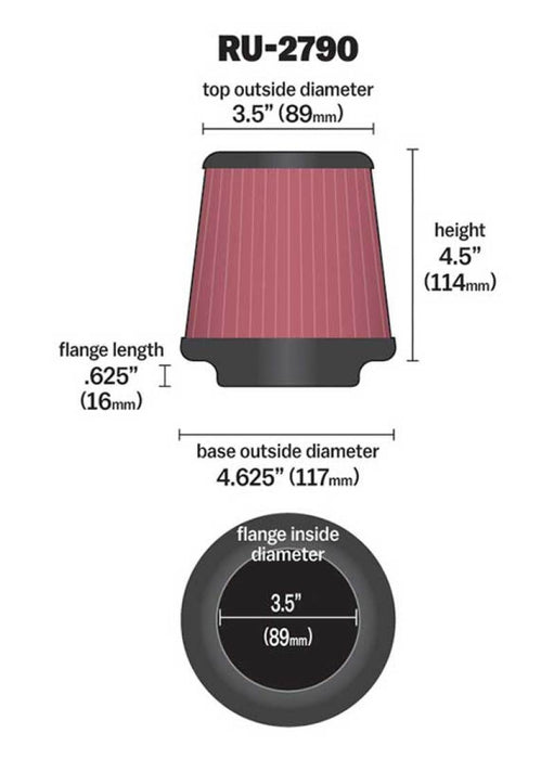 K&N Filter Universal Rubber Filter 3 1/2 inch Flange 4 5/8 inch Base 3 1/2 inch Top 4 1/2 inch Heigh RU-2790