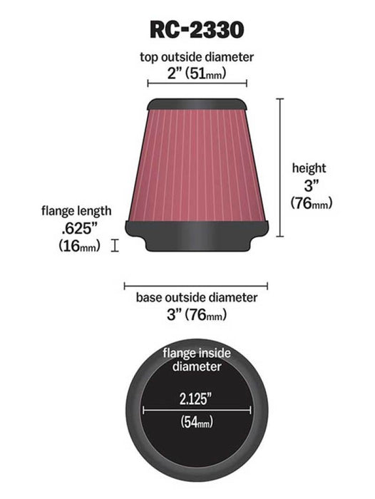 K&N Universal Chrome Filter 2 1/8 inch FLG / 3 inch Bottom / 2 inch Top / 3 inch Height RC-2330