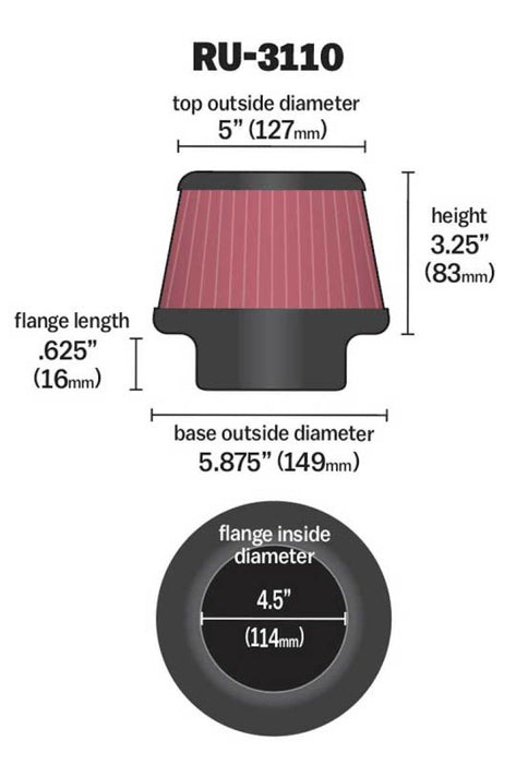 K&N Universal Rubber Filter Round Tapered 4.5in Flange ID x 5.875 Base OD x 5in Top OD x 3.25in H RU-3110