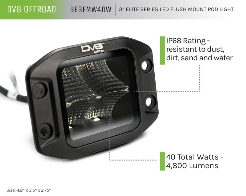 DV8 Offroad Elite Series 3in Cube LED Light 40W Spot 3W LED BE3FMW40W