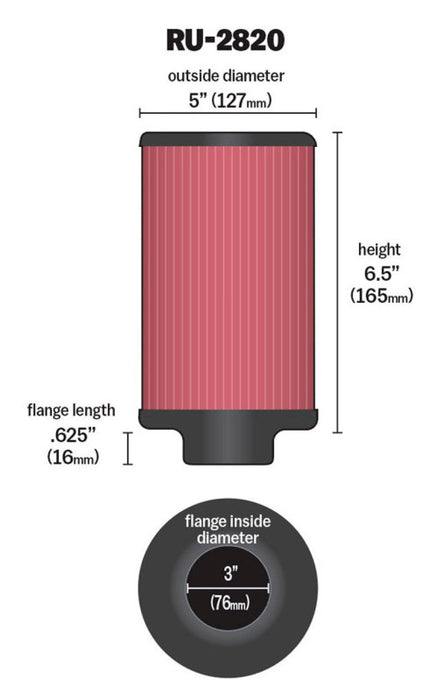 K&N Filter 3 inch Flange 5 inch OD 6 1/2 inch Height RU-2820