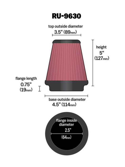 K&N Universal Tapered Filter 2.5in Flange ID x 4.5in Base OD x 3.5in Top OD x 5in Height RU-9630