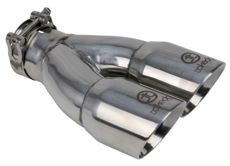 aFe Takeda 2.5in 304 Stainless Steel Clamp-on Exhaust Tip 2.5in Inlet 3in Dual Outlet Polished 49T25364-P10