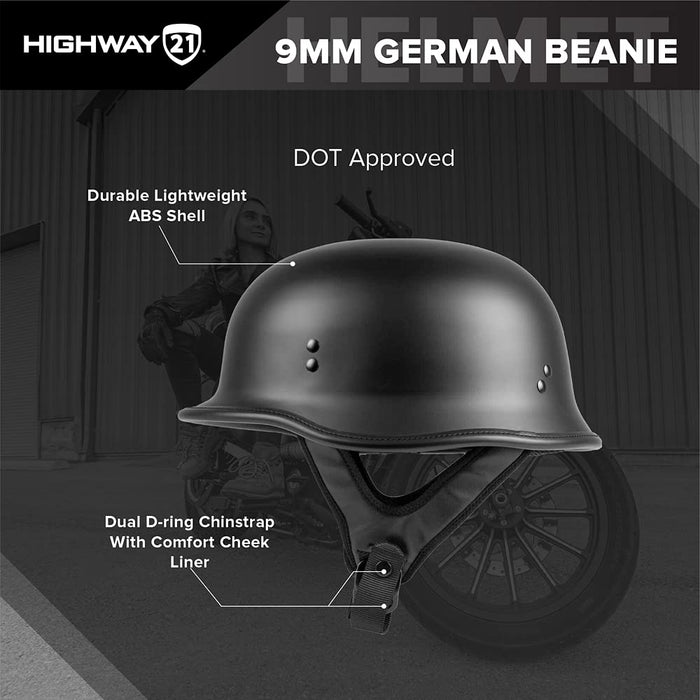 Highway 21 Motorcycle 9mm Half Helmet (German Style) (Black, Small)