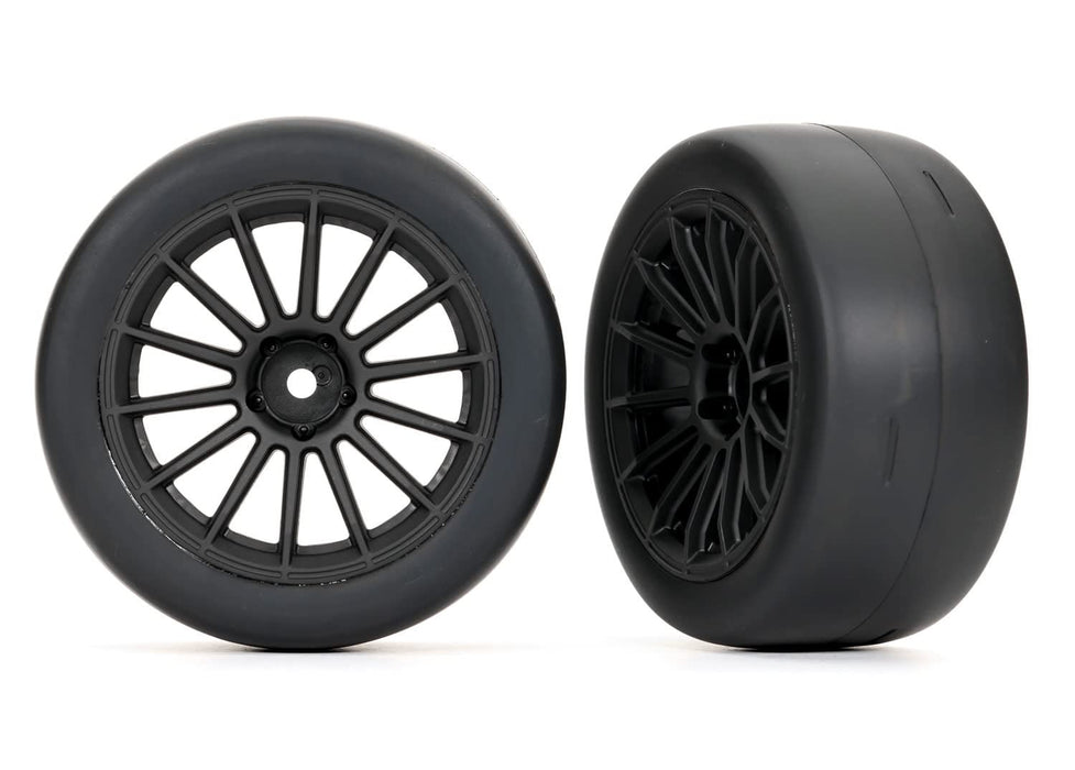 Traxxas Tires and Wheels Assembled Glued (Multi-Spoke Black Wheels 2.0" Ultra-Wide Slick Tires with Foam Inserts) for Front Qty 2