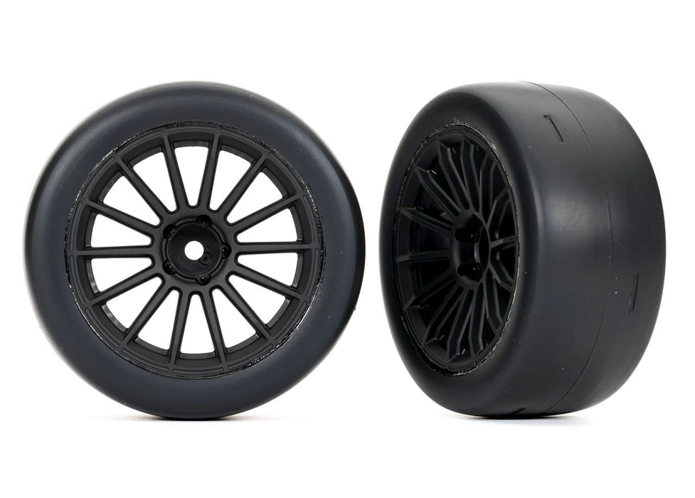 Traxxas Tires and Wheels Assembled Glued (Multi-Spoke Black Wheels 2.0" Ultra-Wide Slick Tires with Foam Inserts) for Rear Qty 2