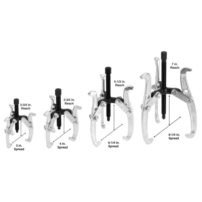 Performance Tool W134DB 3 Jaw Gear Puller Set, 4-Piece Set (Sizes: 3, 4, 6 and 8-Inch), with Reversible Design for Vehicle Maintenance and Repair, Drop-Forged Steel, Chrome Plating