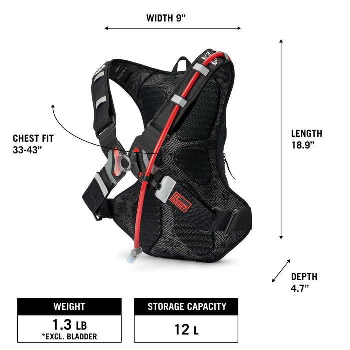 USWE Moto Hydro 12L Hydration Pack with 3.0L/ 100oz Water Bladder, a High End, Bounce Free Backpack for Enduro and Off-Road Motorcycle, Black Grey