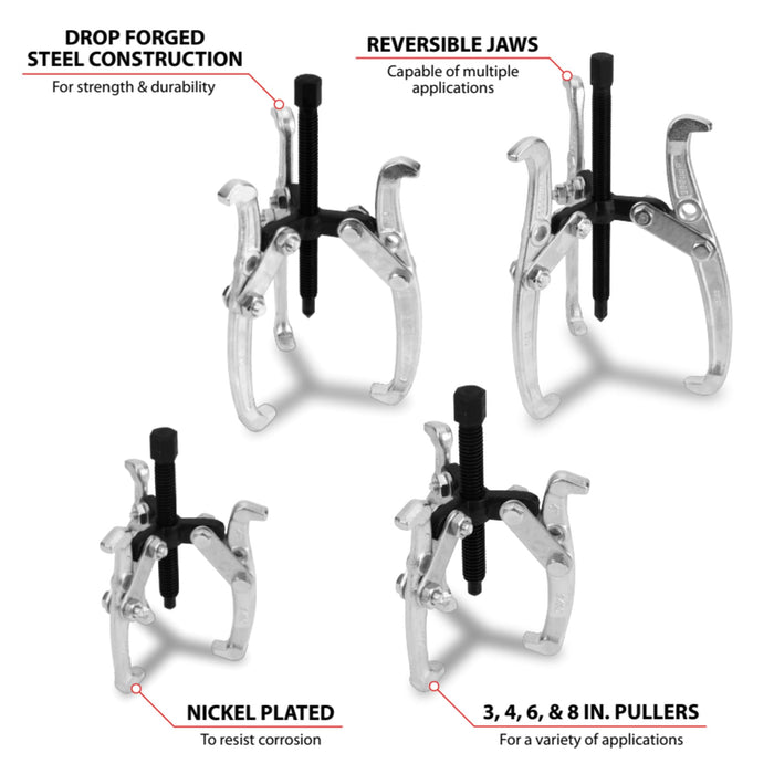 Performance Tool W134DB 3 Jaw Gear Puller Set, 4-Piece Set (Sizes: 3, 4, 6 and 8-Inch), with Reversible Design for Vehicle Maintenance and Repair, Drop-Forged Steel, Chrome Plating