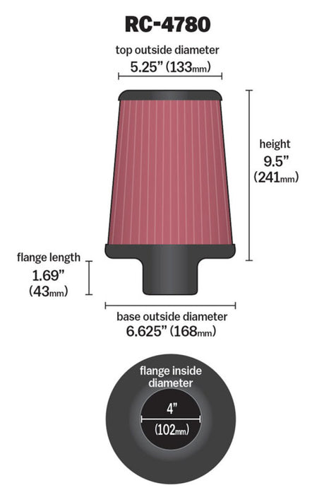 K&N Universal Filter Round Tapered 4in FlangeID / 6.625in Base OD / 5.25in Top OD / 9.5in Height RC-4780