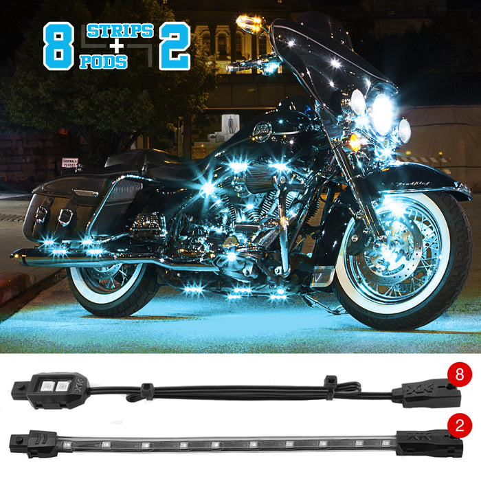 XKGLOW LIGHT BLUE 8 POD 2 STRIP LED Universal Motorcycle Accent Neon Underglow Light Kit, XK034001-AB