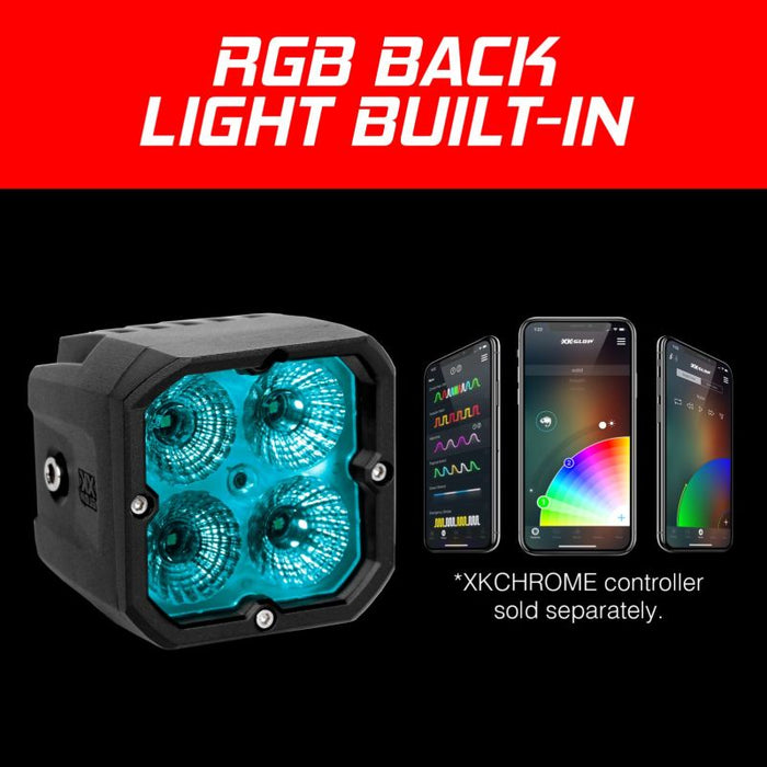 XK Glow XKchrome 20w LED Cube Light w/ RGB Accent Light Kit w/ Controller- Driving Beam 2pc XK065001-D-KIT