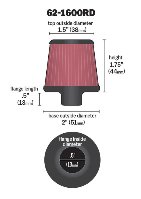 K&N 2in Base OD x .375in Flange ID x 1.75in H Rubber Base Crankcase Vent Filter 62-1600RD