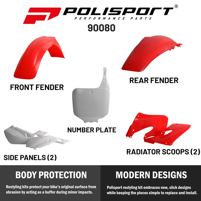 Polisport Full Plastic Kit for Honda CR125R(98-99) & CR250R(97-99) OEM Quality Restyling Kit with Superior Fit, Flexibility, and Durability (Red/White)