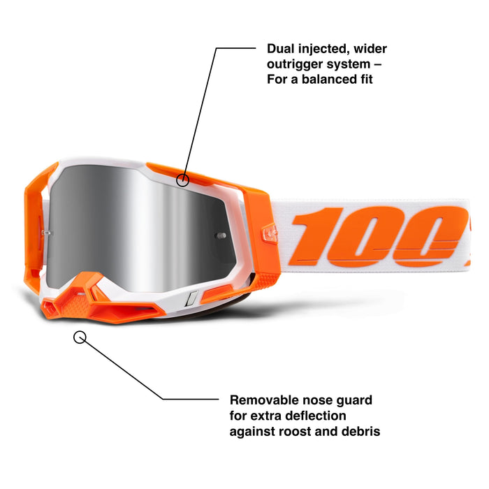 100% Racecraft 2 Mountain Bike & Motocross Goggles - MX and MTB Racing Protective Eyewear (Orange - Mirror Silver Flash)