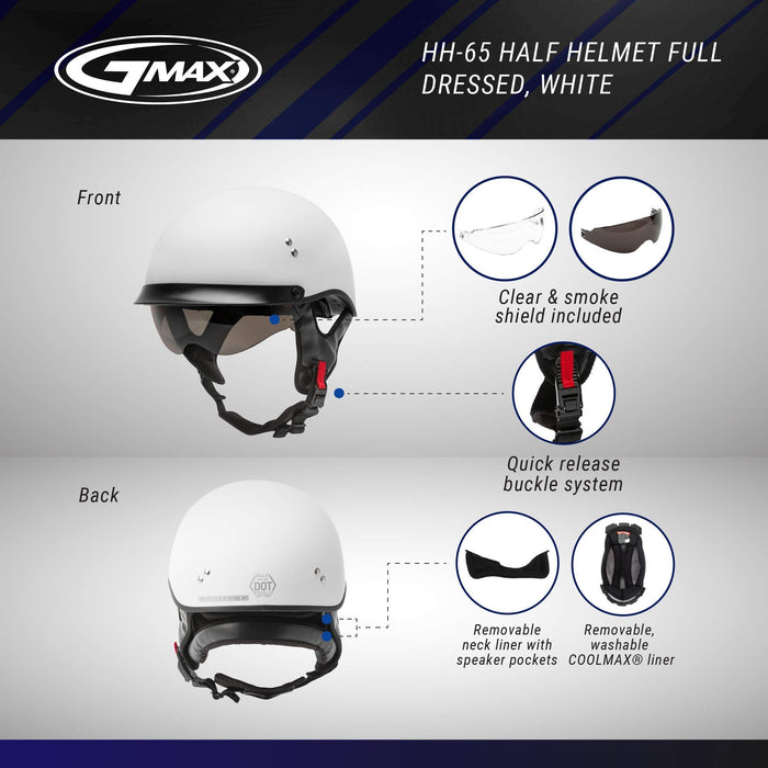 GMAX HH-65 Full Dressed Motorcycle Street Half Helemet (Matte White, Large)