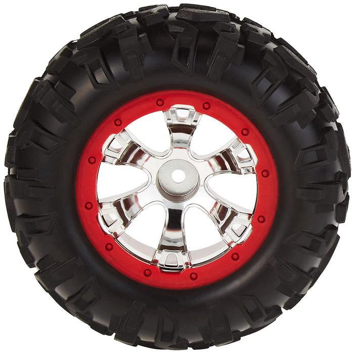 Traxxas 7272 1/16th Scale Canyon AT Tires Pre-Glued on Chrome Geode Wheels Red Beadlock-style (pair)