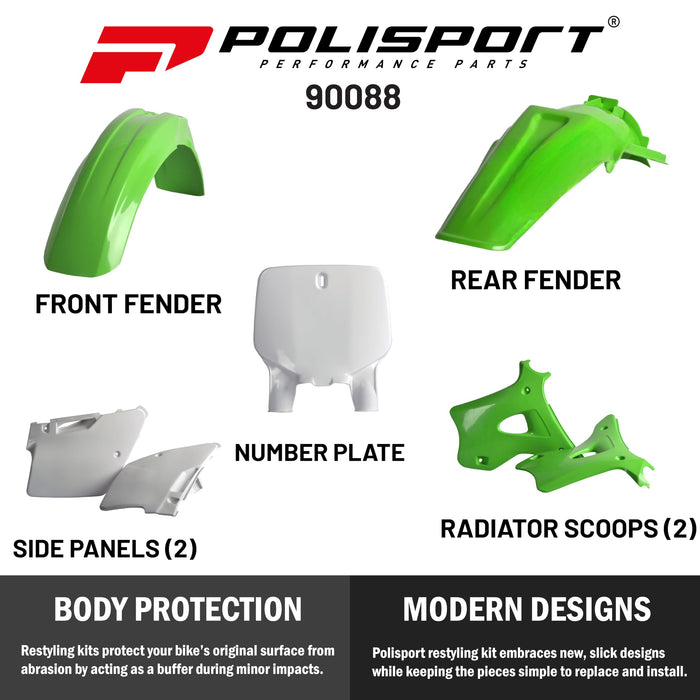 Polisport Full Plastic Kit for Kawasaki KX125/250 (1996-98) OEM Quality Restyling Kit with Superior Fit, Flexibility, and Durability (Green/White)