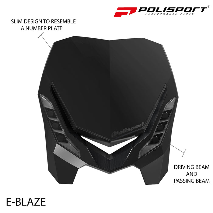 Polisport E-Blaze Motorcycle Headlight - Slim LED Design, Adjustable Lights, Customizable, Glossy & Carbon Fiber (Black)