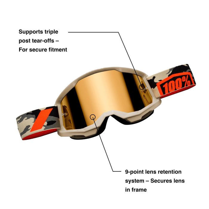 100% Strata 2 Motocross & Mountain Bike Goggles - MX and MTB Racing Protective Eyewear (Black - Mirror Silver Lens)