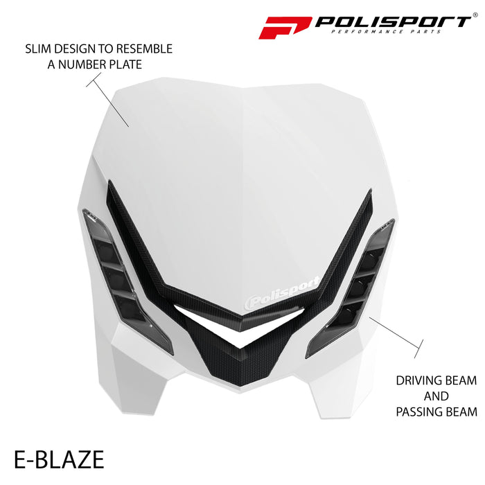 Polisport E-Blaze Motorcycle Headlight - Slim LED Design, Adjustable Lights, Customizable, Glossy & Carbon Fiber (Black) (White)