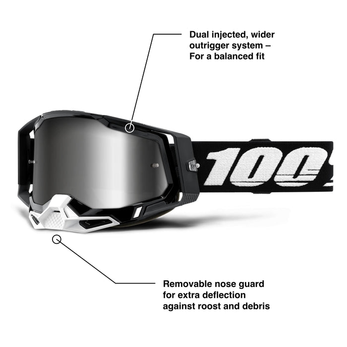 100% Racecraft 2 Mountain Bike & Motocross Goggles - MX and MTB Racing Protective Eyewear (Black - Mirror Silver Lens)