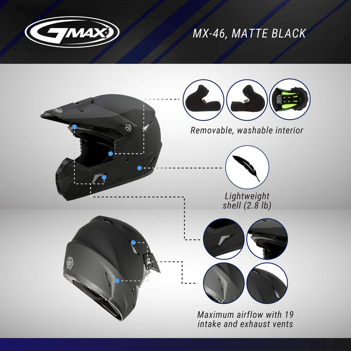 GMAX MX-46 Full Face Off-Road Helmet - Matte Black (Large)